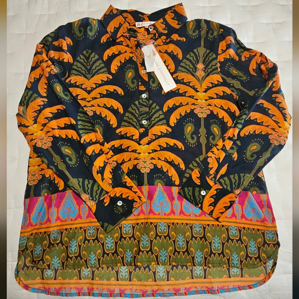 NWT Jude Connally Pru Long Sleeve Cotton Top:‎ Decorative Frond Navy: Size- XXL